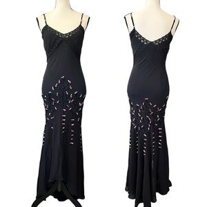 Vintage 90s Y2K Sue Wong Silk Sheer Mesh & Lace Beaded Floral Maxi Slip Dress
